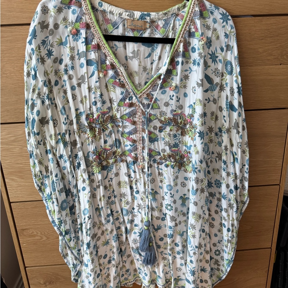 Bohemian Floral Embroidered V-Neck Women’s Coverup in White and Blue